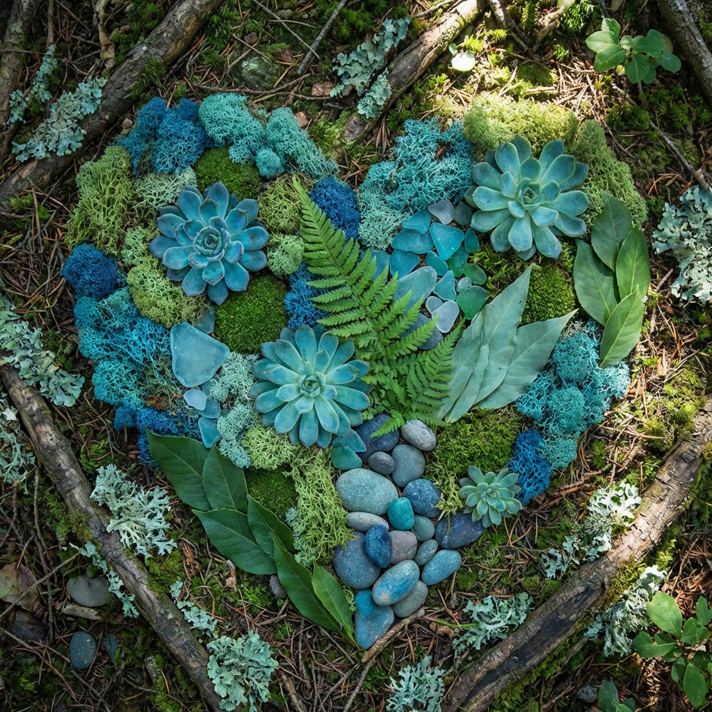 A heart-shaped arrangement of succulents, blue moss, ferns, and stones on a forest floor.