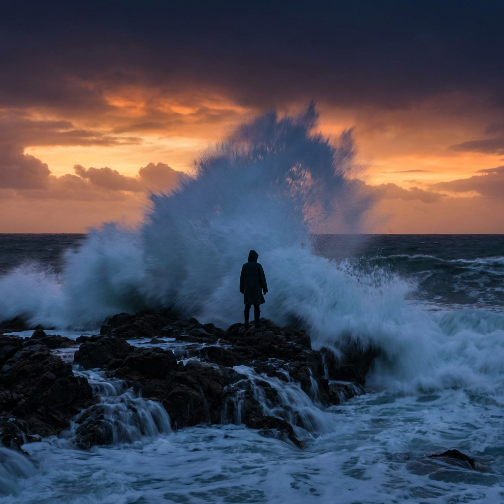 A silhouette stands on rocks as a large wave crashes behind them at sunset.
