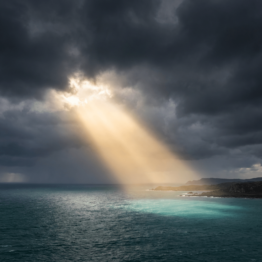 Sunbeam breaking through dark clouds over a turquoise sea and rocky coastline.