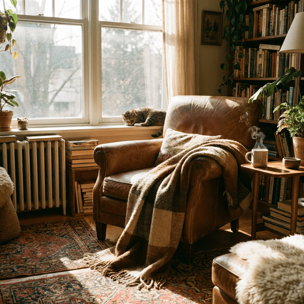 Sun-drenched reading nook with a leather armchair, bookshelves, and a sleeping cat.