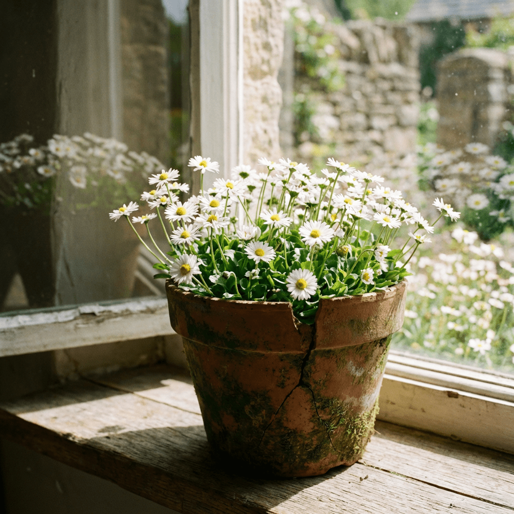 White daisies in a cracked, moss-covered terra cotta pot on a rustic wooden windowsill.