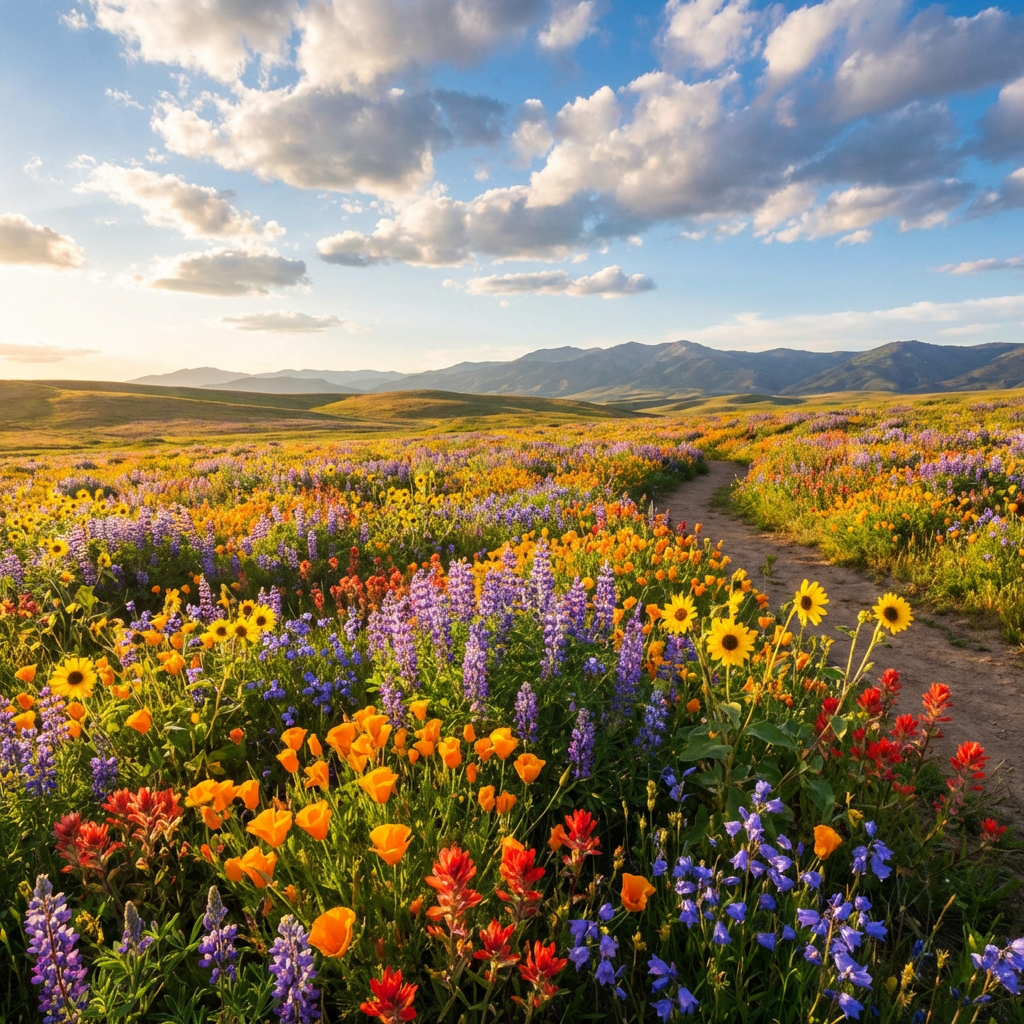 Path through a vibrant field of yellow, orange, and purple wildflowers towards distant mountains.