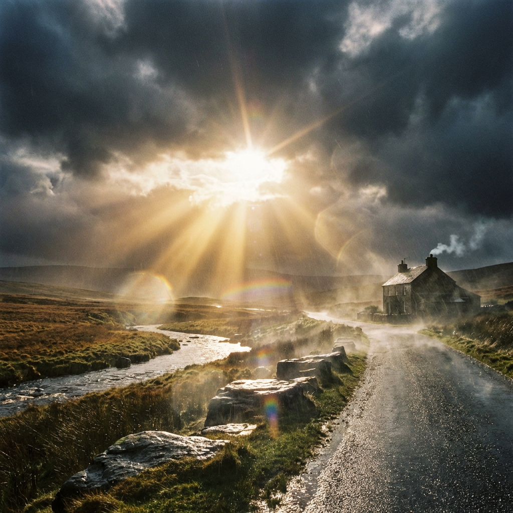 Lone stone cottage in a hilly landscape under a dramatic sunburst through dark clouds.