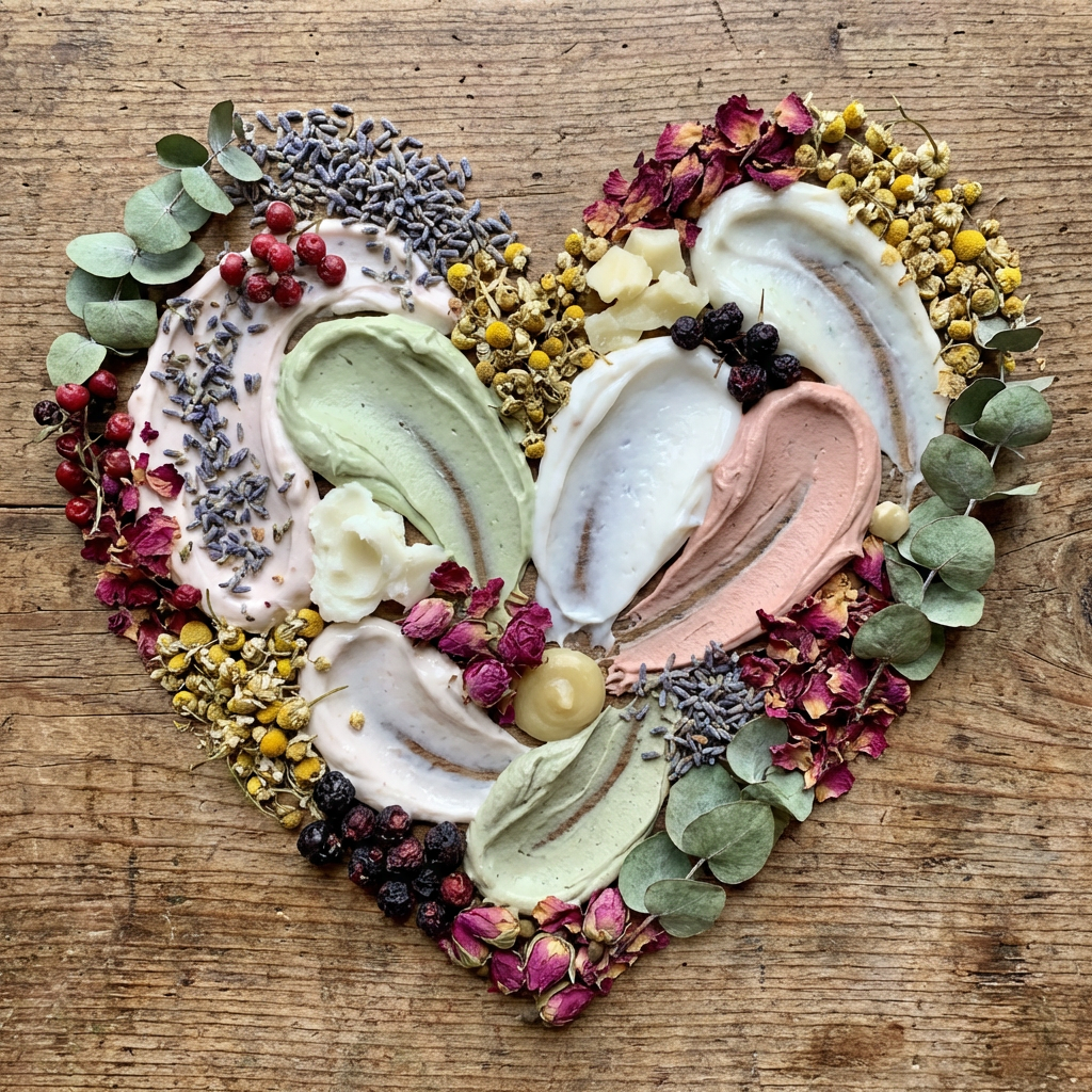 Skincare creams and dried botanicals arranged in a heart shape on a rustic wooden surface.