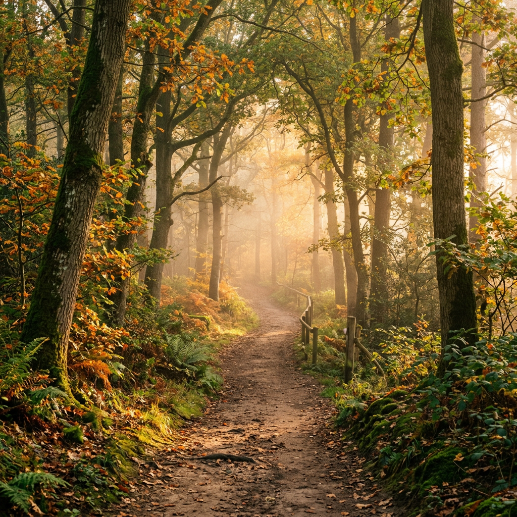 Dirt path through a sunlit forest with autumn leaves and morning fog