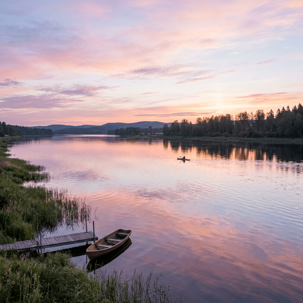 Calm river at sunset with a wooden boat tied to a small dock and a kayaker in the distance