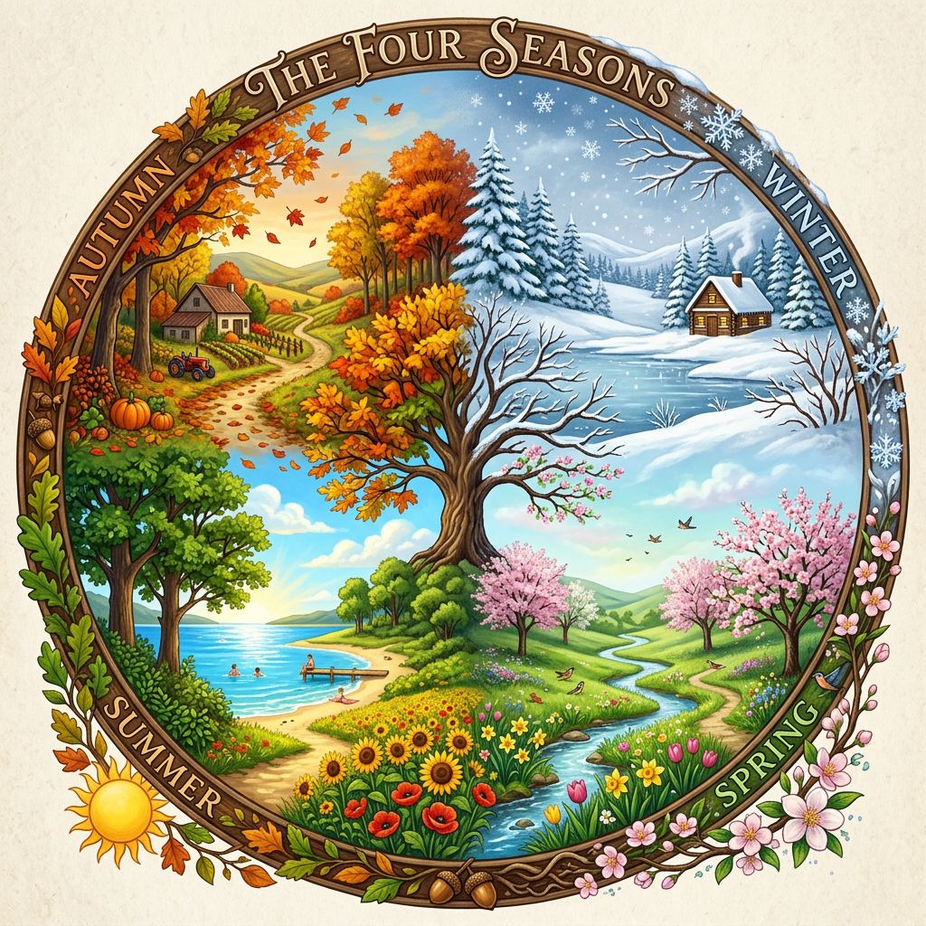 Circular illustration representing autumn with falling leaves and pumpkins, winter with snow and a cabin, spring with blooming flowers, and summer with a beach and swimmers.