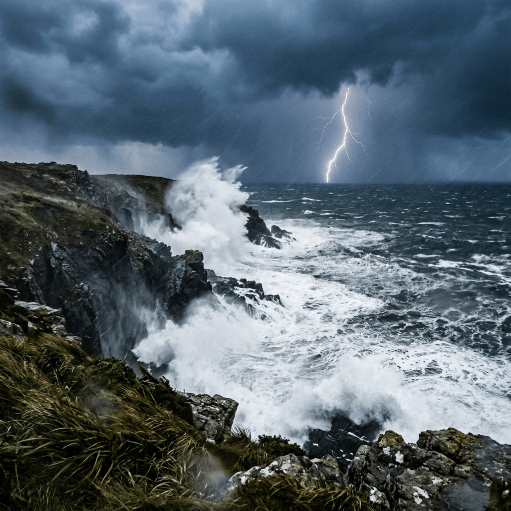 Lightning strike over stormy sea with waves hitting rocky cliffs