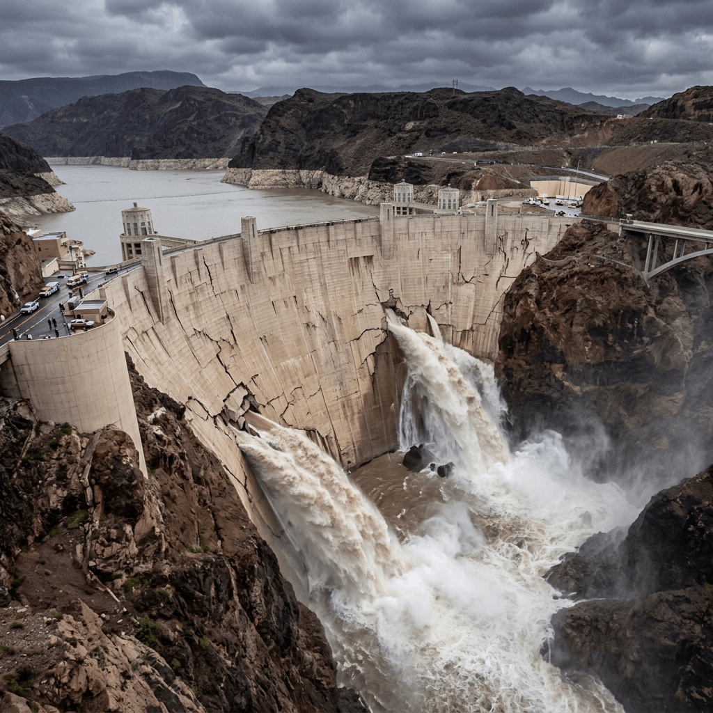 Hoover Dam releasing large volumes of water through spillways into rocky canyon