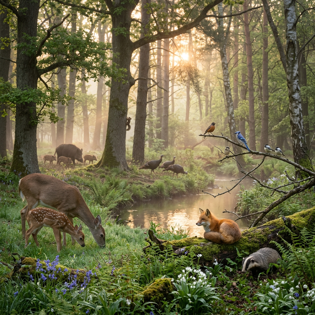 Various forest animals including deer, fox, badger, birds, wild boar, and squirrels near a stream at sunrise