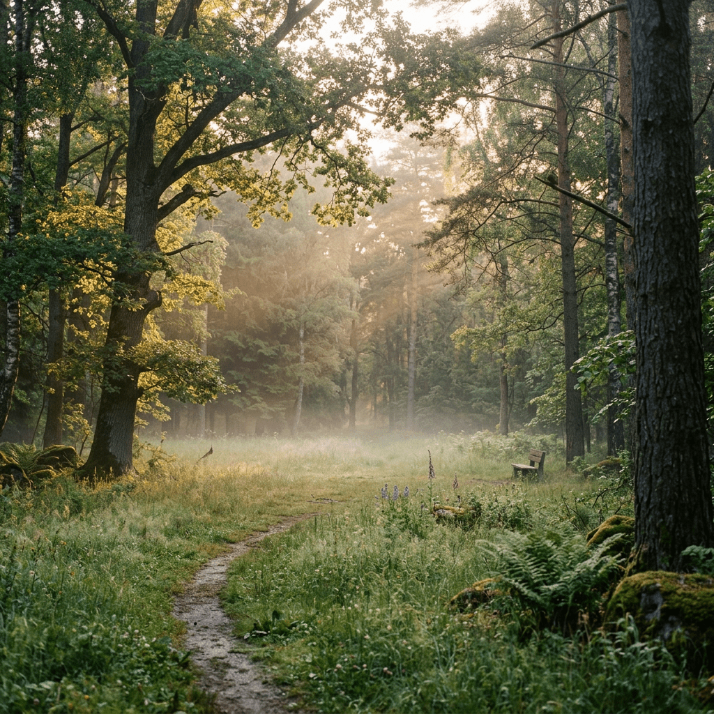 Forest path winding through greenery with sunlight filtering through trees