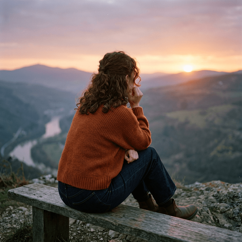 Woman in orange sweater sitting on bench looking at sunset over river and mountains