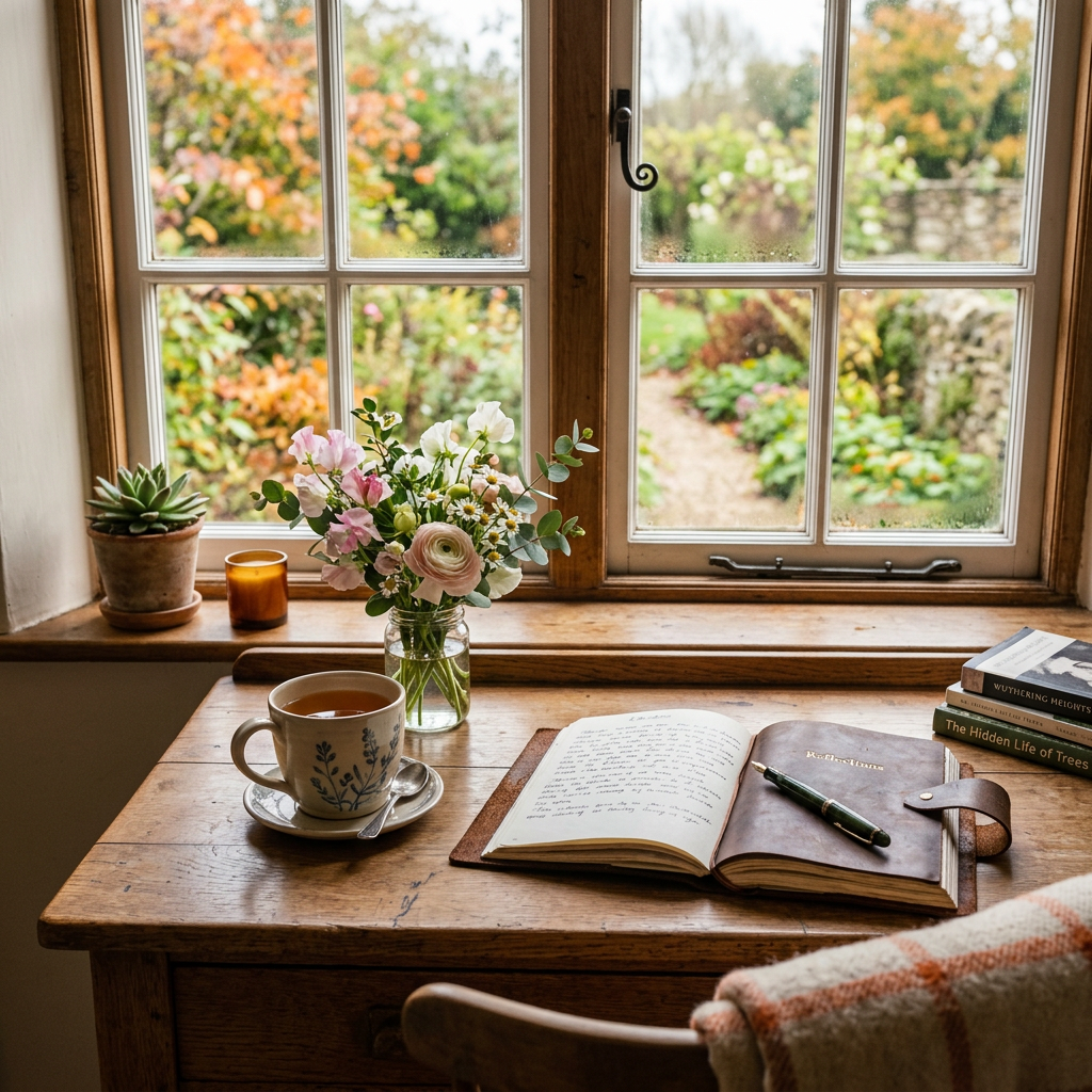 Desk with cup of tea, flower vase, open journal, pen, and stack of books by window overlooking garden