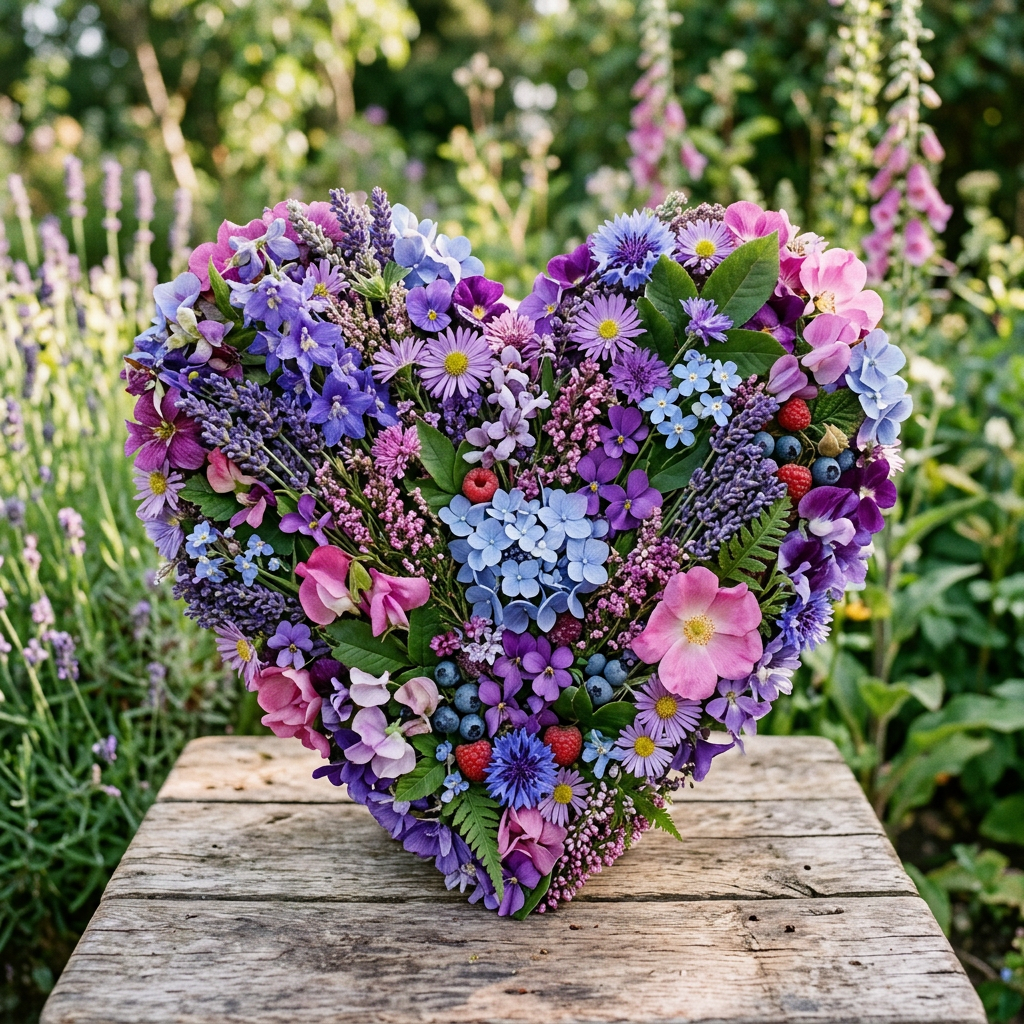 Heart-shaped arrangement of purple, pink, and blue flowers with green leaves and berries