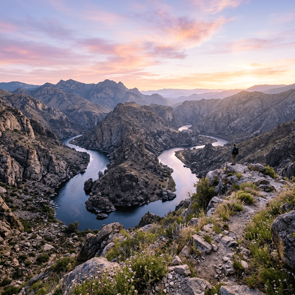 Hiker standing on rocky vantage point overlooking winding river through mountainous terrain at sunset