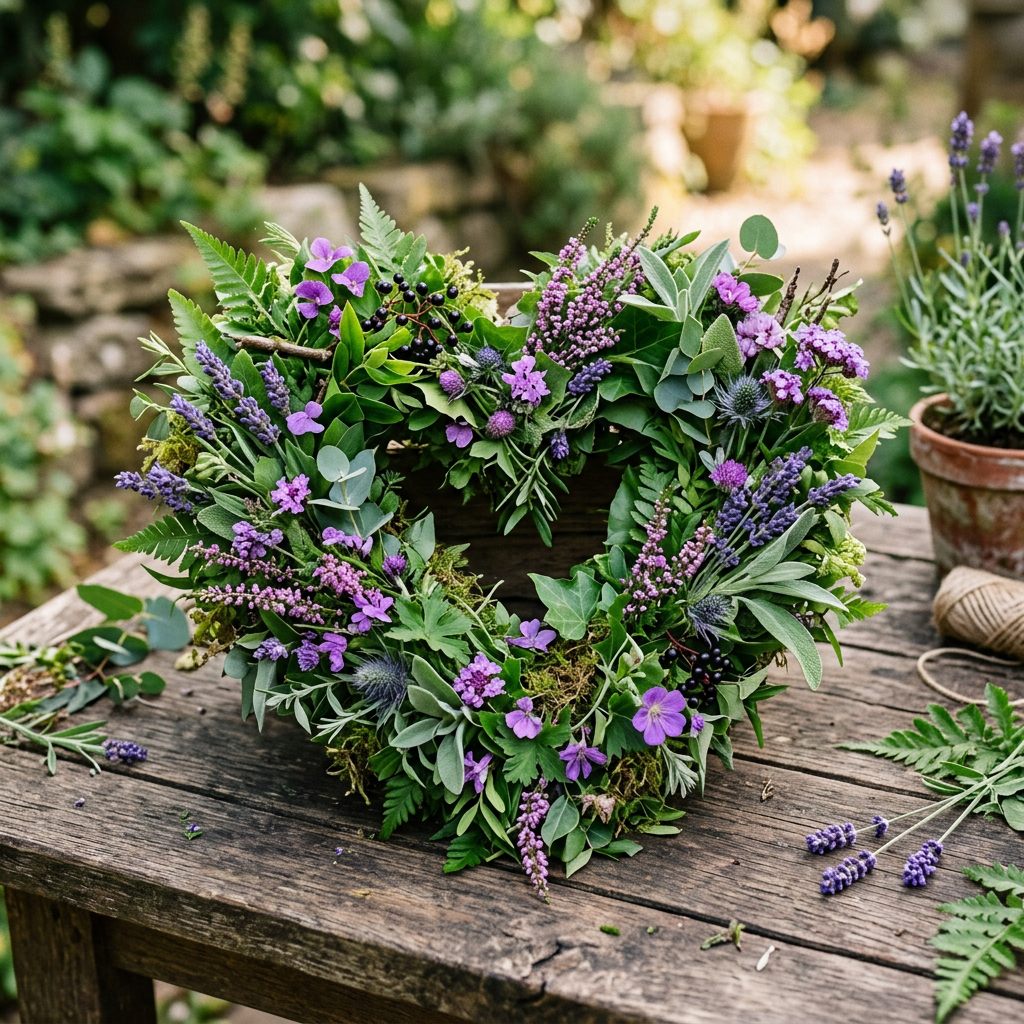 Heart-shaped floral wreath with purple flowers and green leaves on wooden table