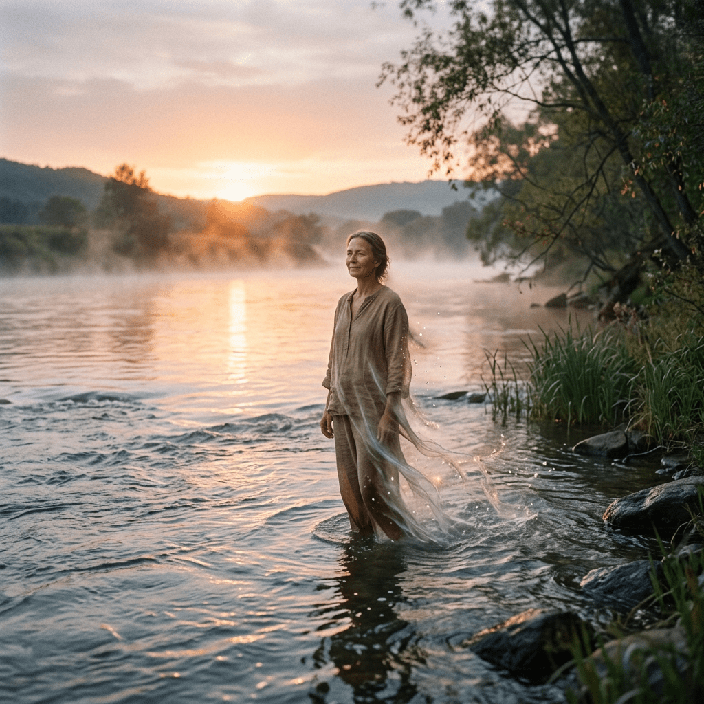 Woman standing calmly in a river with sunrise and mist in the background