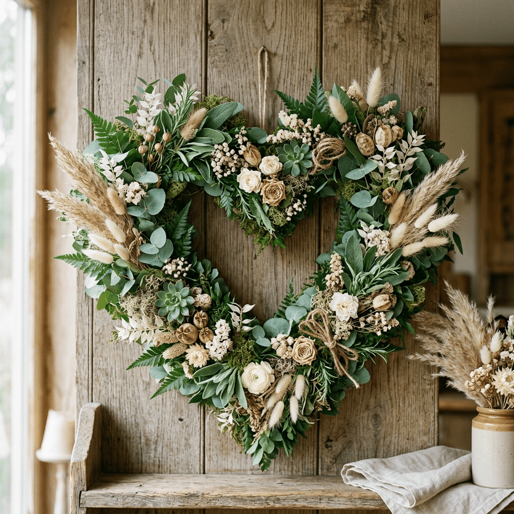 Heart-shaped wreath with dried flowers, greenery, and rustic accents