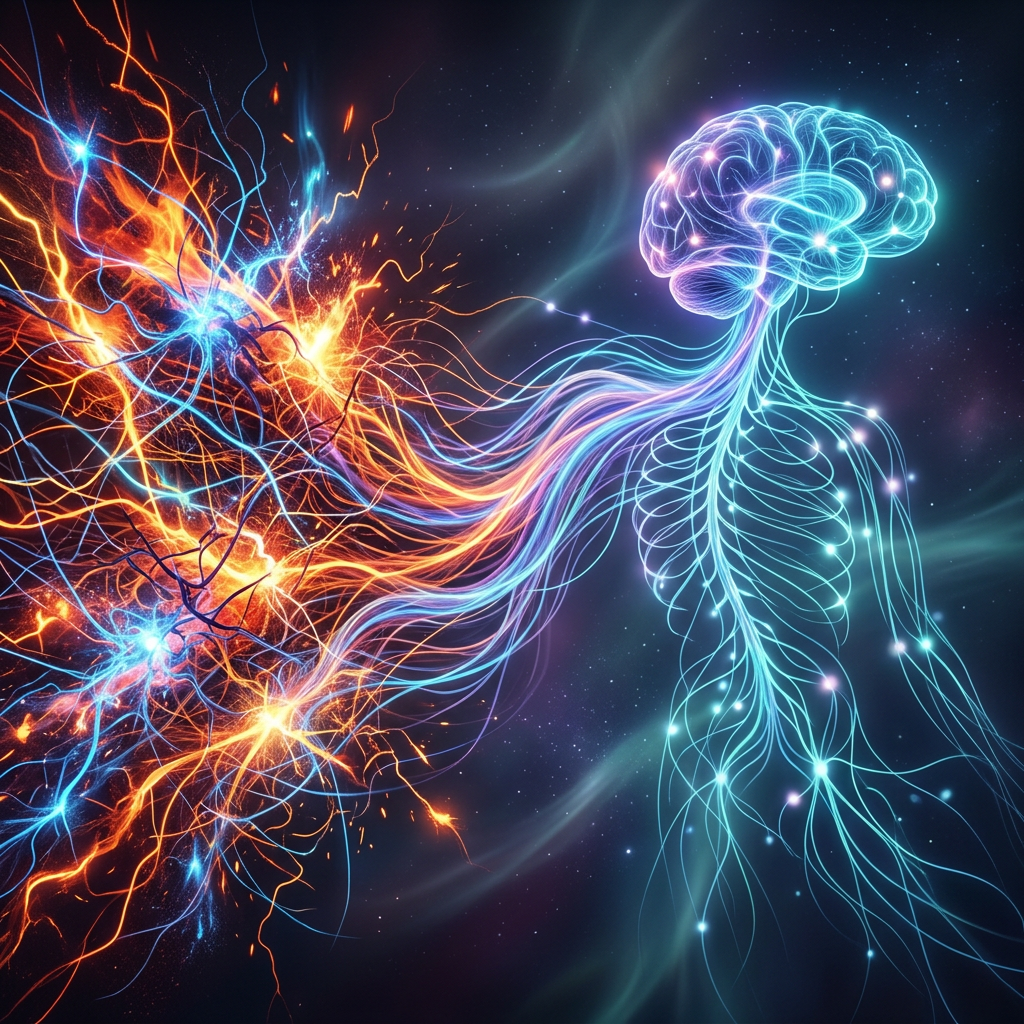 Glowing human brain connected to intricate neural pathways with electric impulses