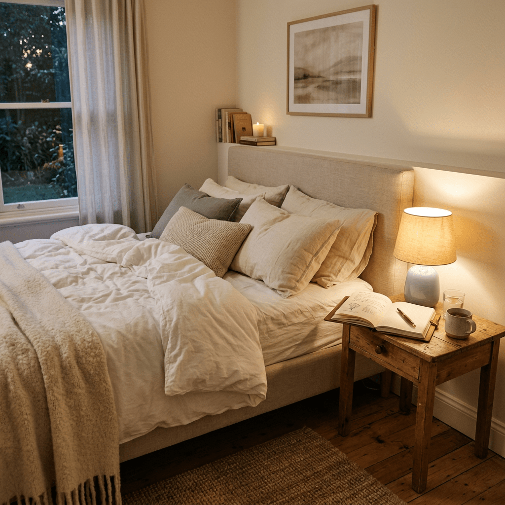 Bed with pillows and blanket next to wooden bedside table with lamp, open notebook, cup, and glass