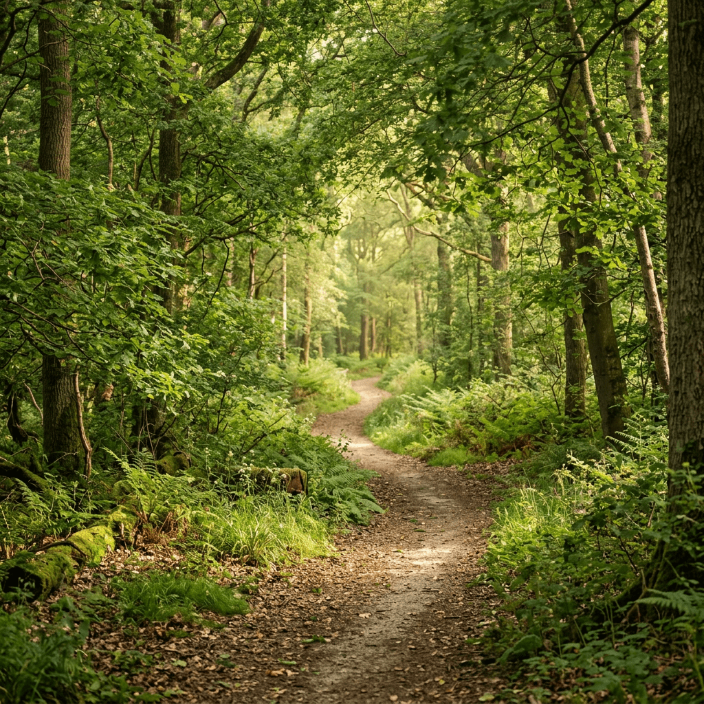 Winding dirt trail surrounded by dense green trees and ferns