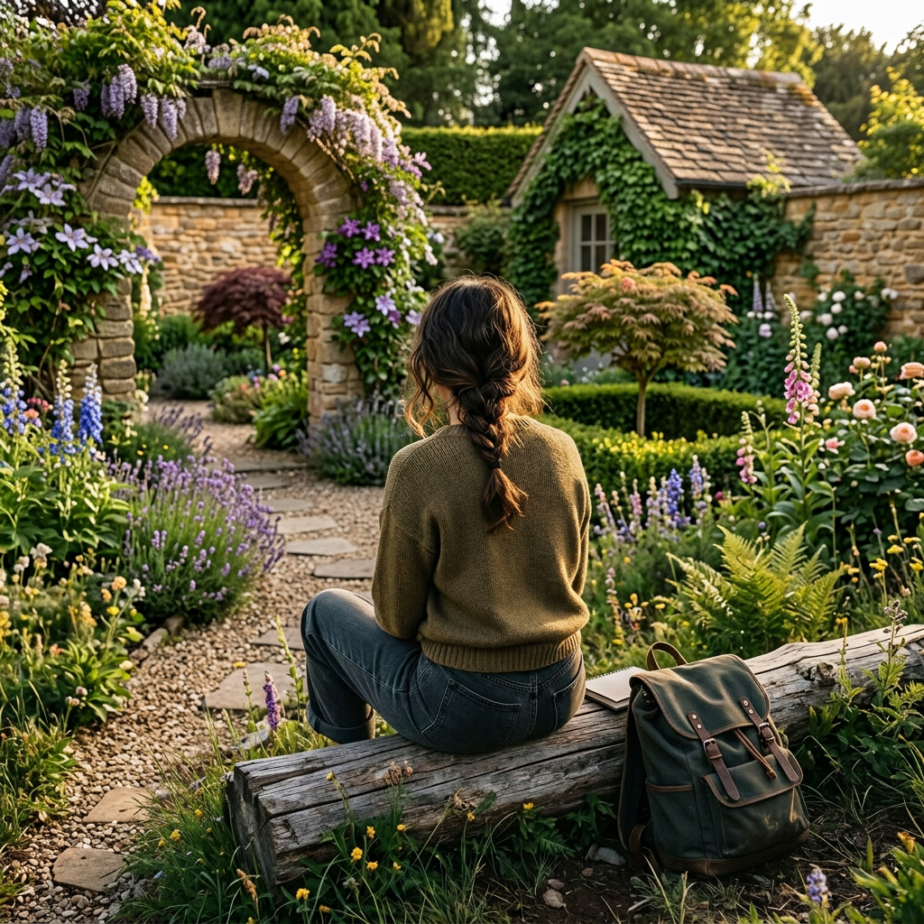 Person sitting on a log overlooking a mountain valley with river and forest
