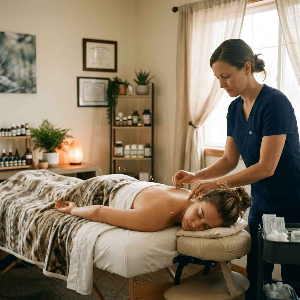 Client receiving acupuncture treatment on back in a cozy therapy room