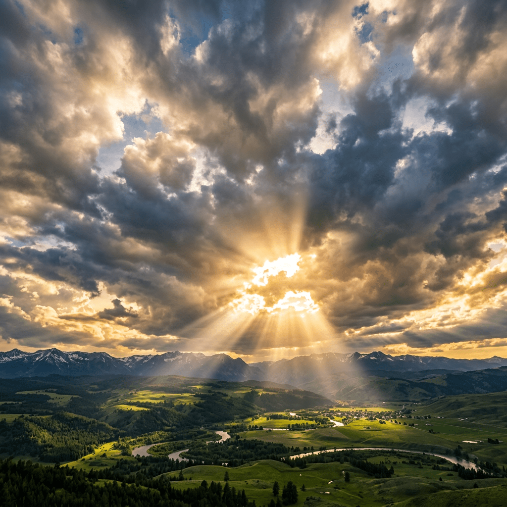 Sun rays shining through clouds over green hills and a winding river with mountains in the distance
