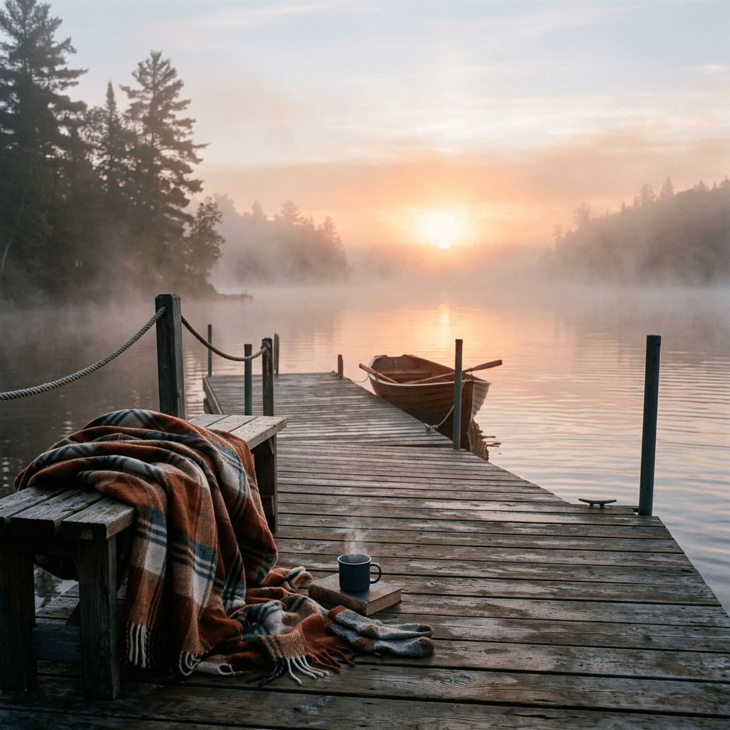 Wooden dock on a misty lake at sunrise with a boat, blanket, mug, and book