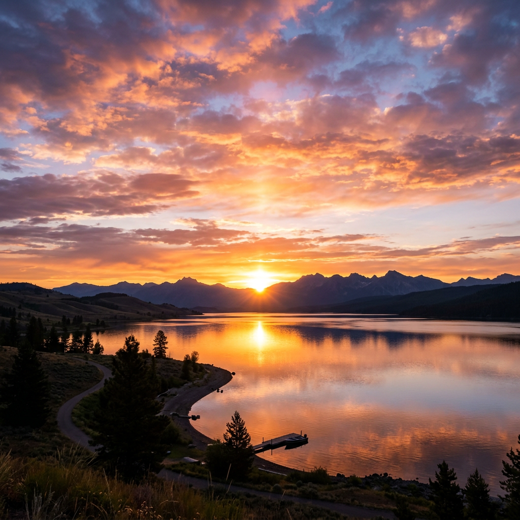 Sunrise over a mountain lake with colorful clouds reflecting in the water