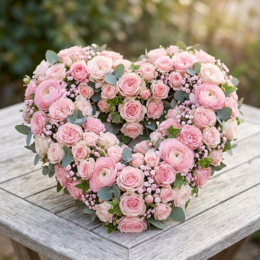Heart-shaped arrangement of pink roses, ranunculus, baby's breath, and eucalyptus leaves