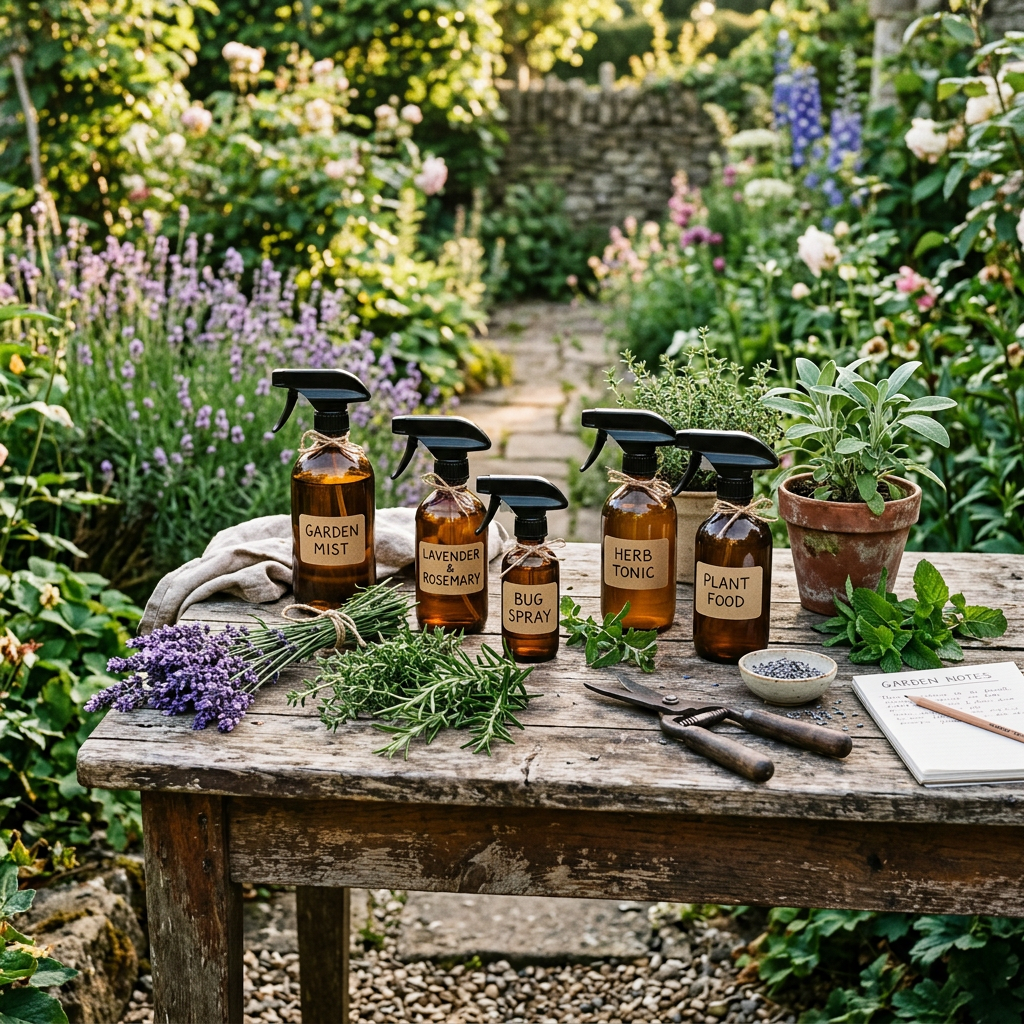 Six brown spray bottles labeled with garden mist, lavender & rosemary, bug spray, herb tonic, and plant food on a wooden table with fresh herbs and garden notes