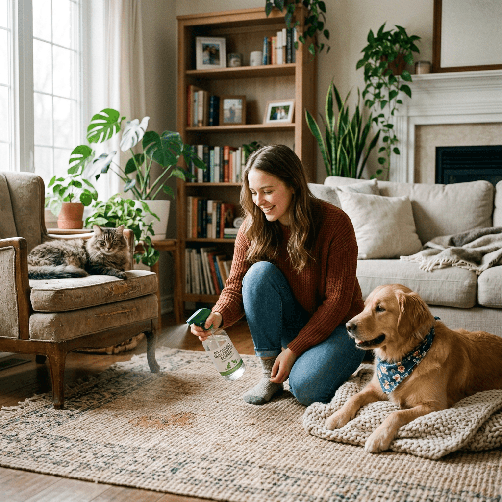 Woman spraying pet-friendly cleaner on carpet near seated cat and dog
