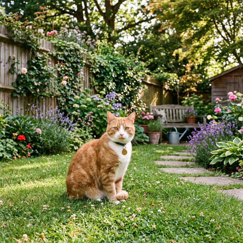 Orange and white cat sitting on green grass in a colorful garden with flowers and wooden bench