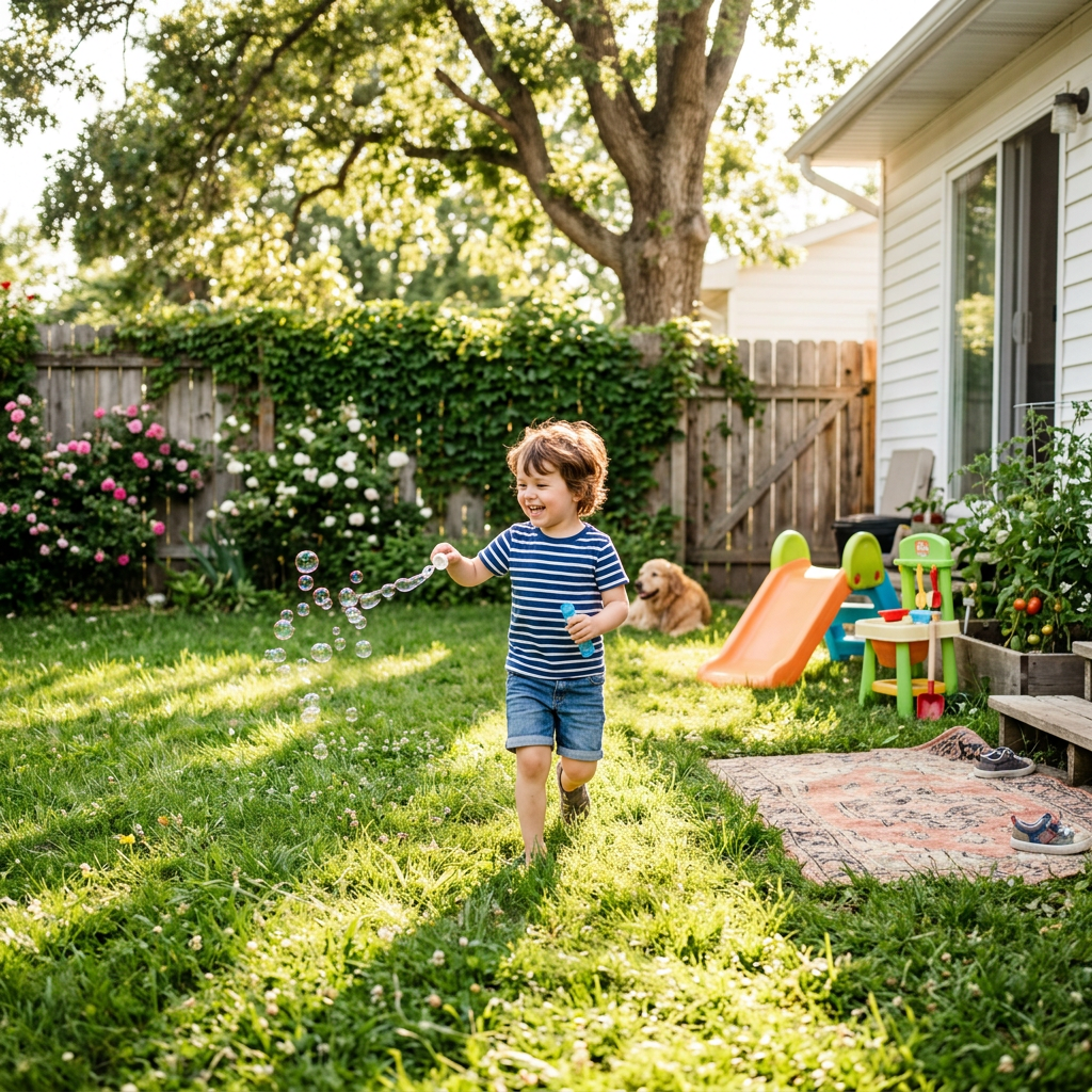 Child running on grass blowing soap bubbles in backyard with dog nearby