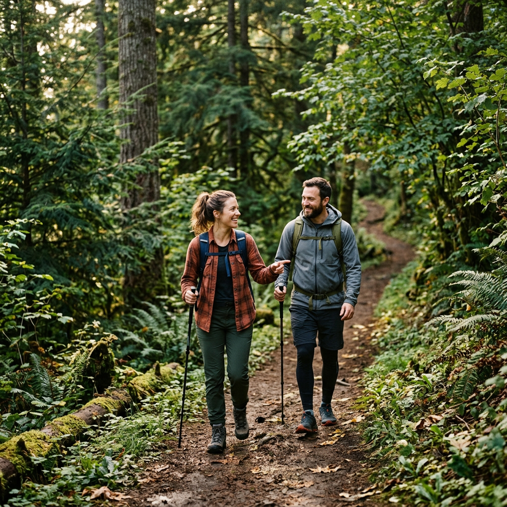 A man and woman hiking on a forest trail with backpacks and walking sticks