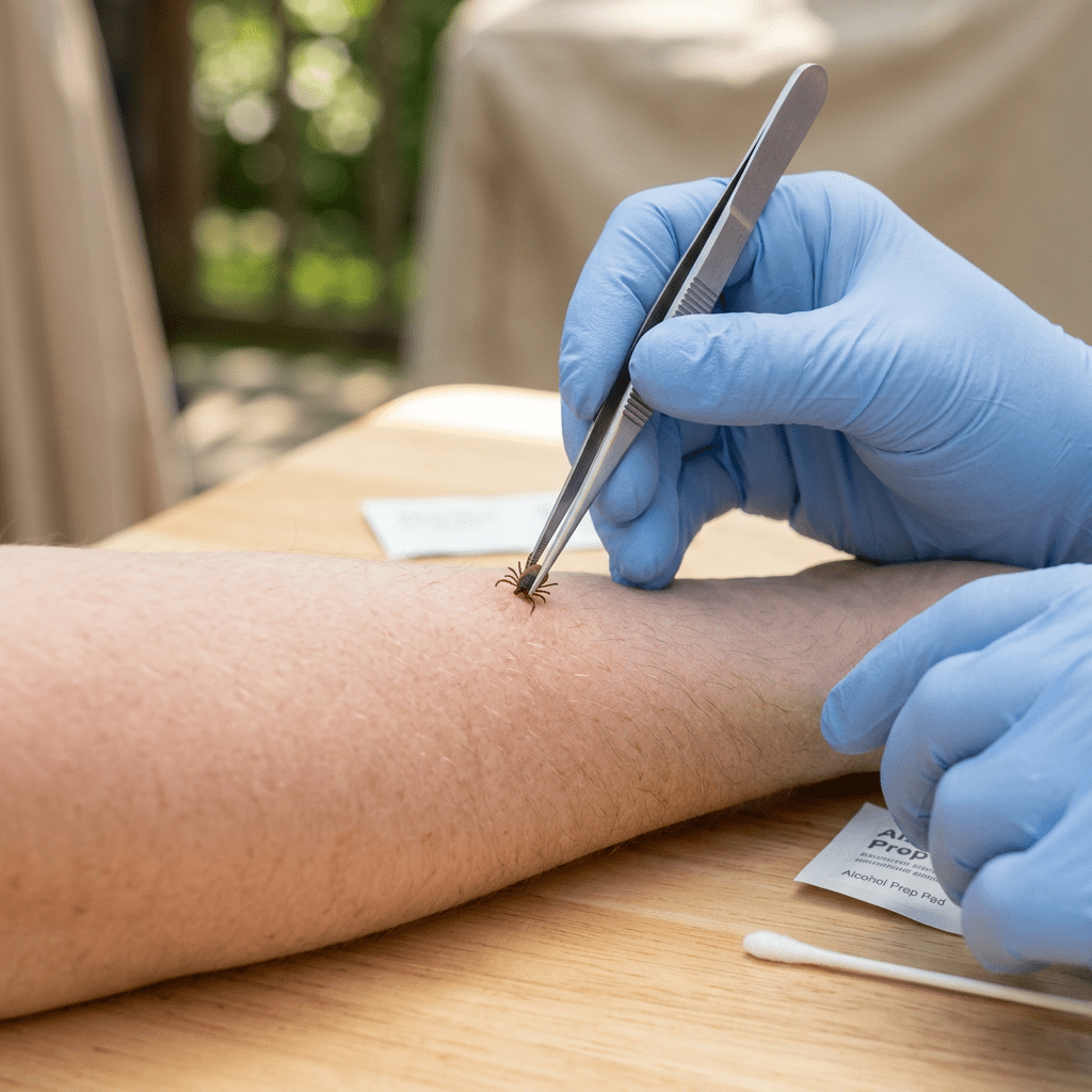 Gloved hand removing tick from arm with tweezers