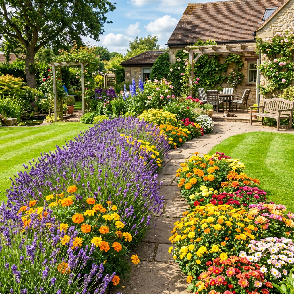 Stone path bordered by blooming lavender, marigolds, and various flowers leading to cottage patio