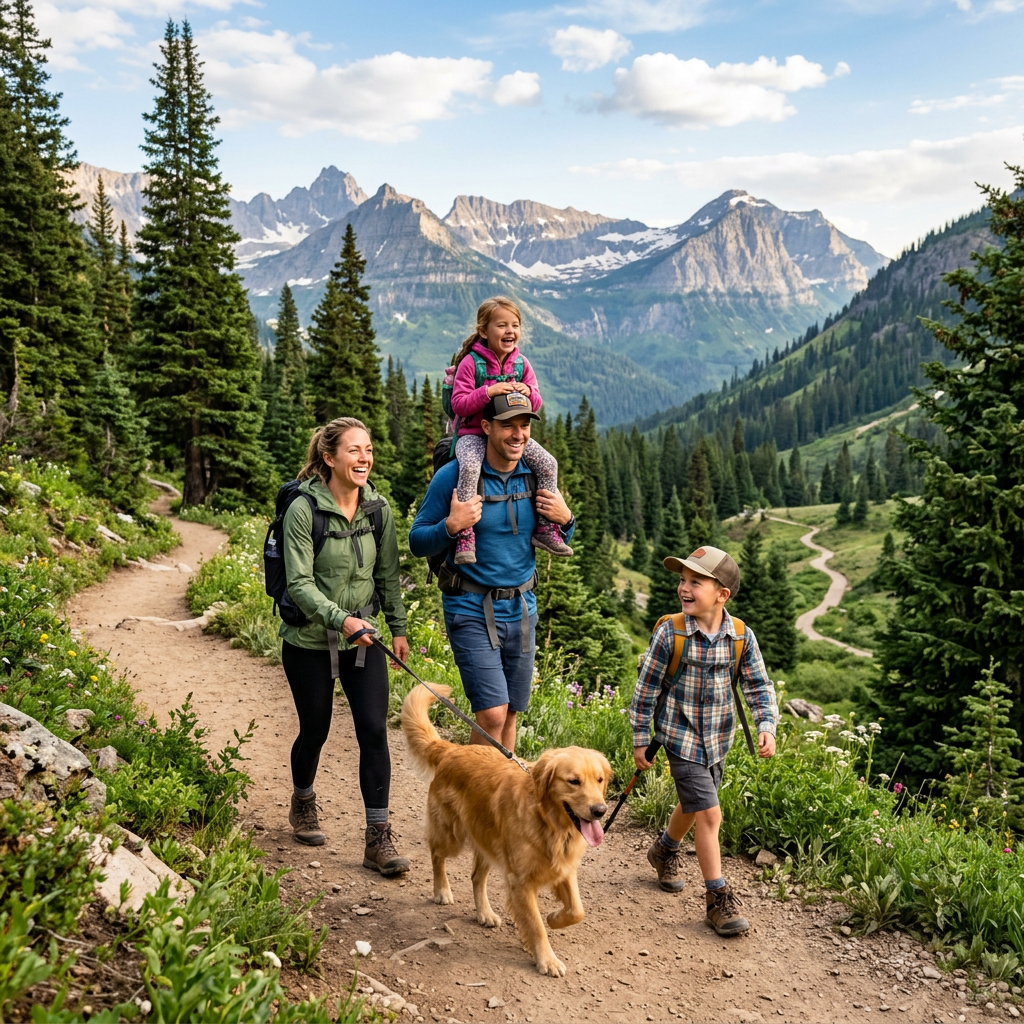 Family hiking on mountain trail with two children and golden retriever dog
