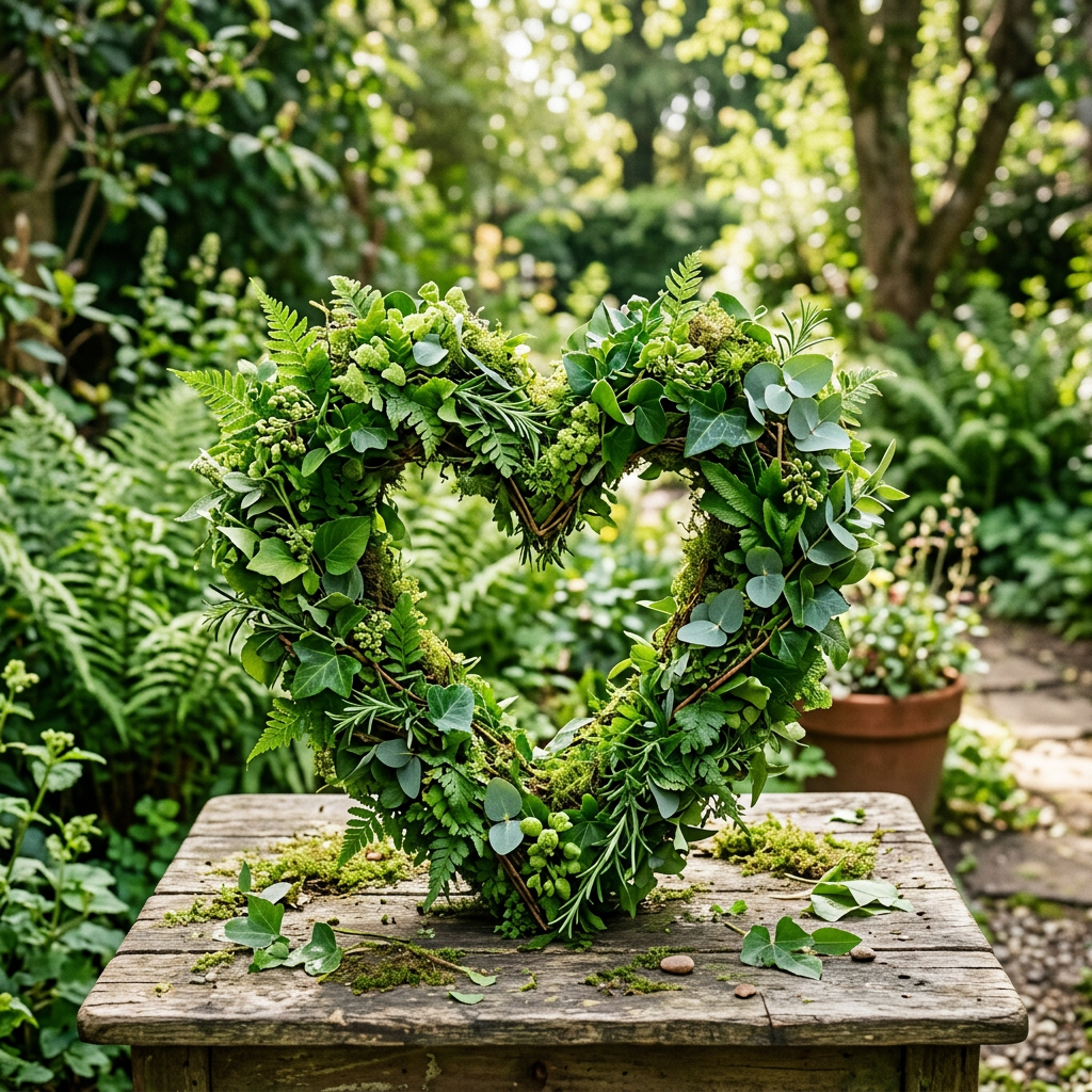 Heart-shaped wreath of various green leaves and moss on wooden table